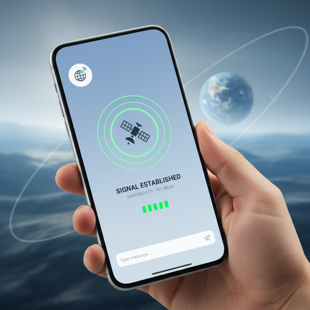 EchoStar Stock - A person holding a smartphone with a satellite communication app open, showing a clear signal. Modern, clean design, focus on user experience.