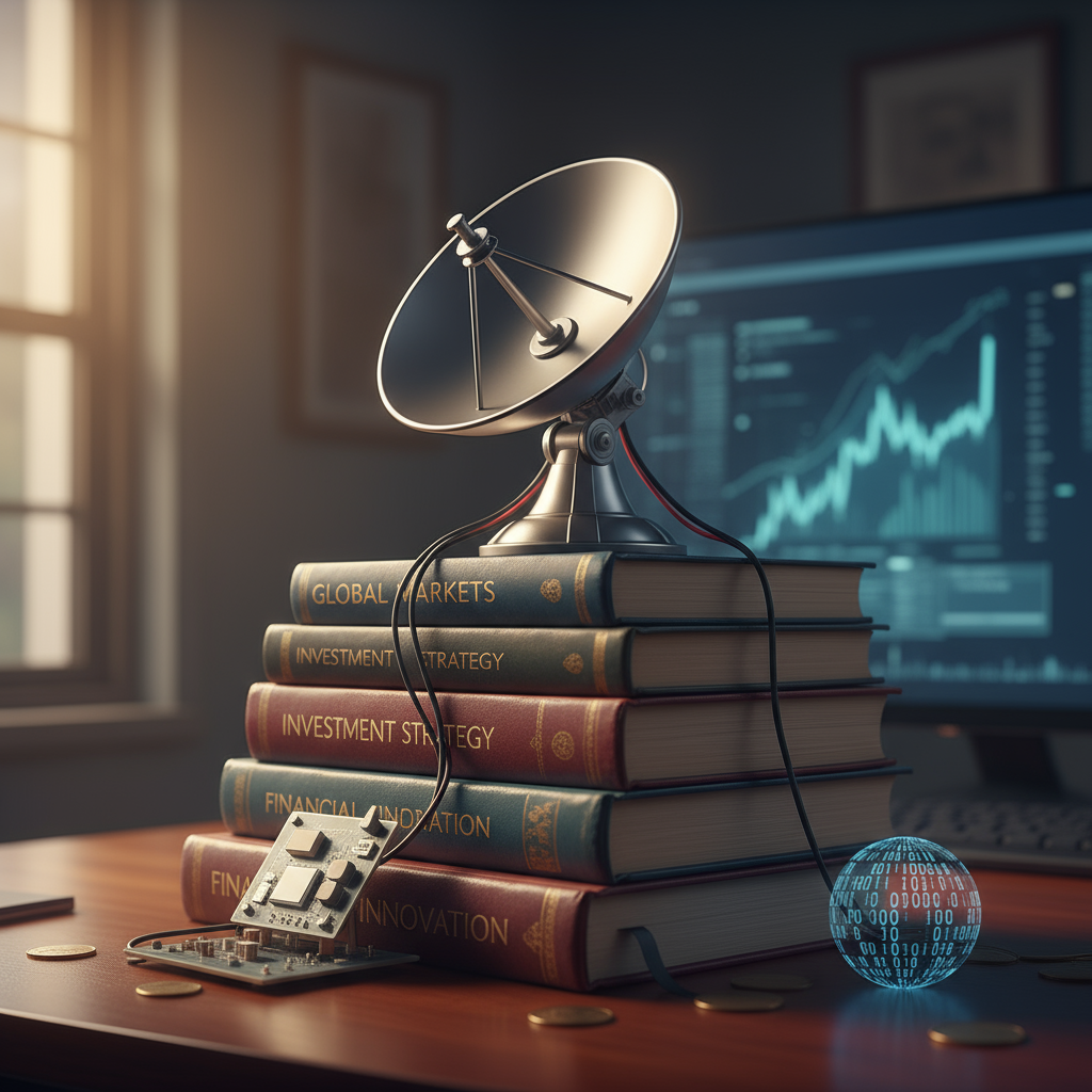 EchoStar Stock - A stack of financial books with a small satellite dish on top, symbolizing the intersection of technology and finance.
