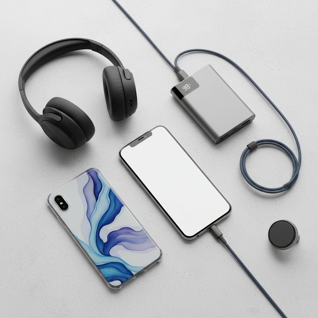 A collection of smartphone accessories including wireless headphones, a power bank, a phone case, and a car mount.
