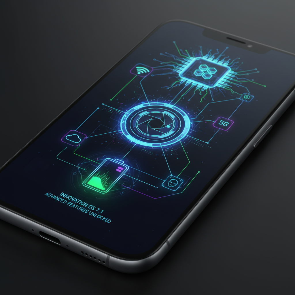 A smartphone screen displaying icons representing camera, processor, and battery, symbolizing advanced features.