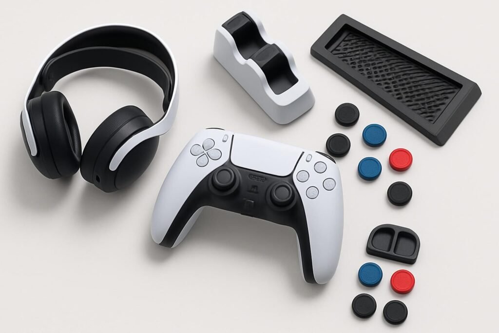 Essential PS5 gaming accessories: wireless headset, controller charging station, thumb stick covers, and console cooling stand.