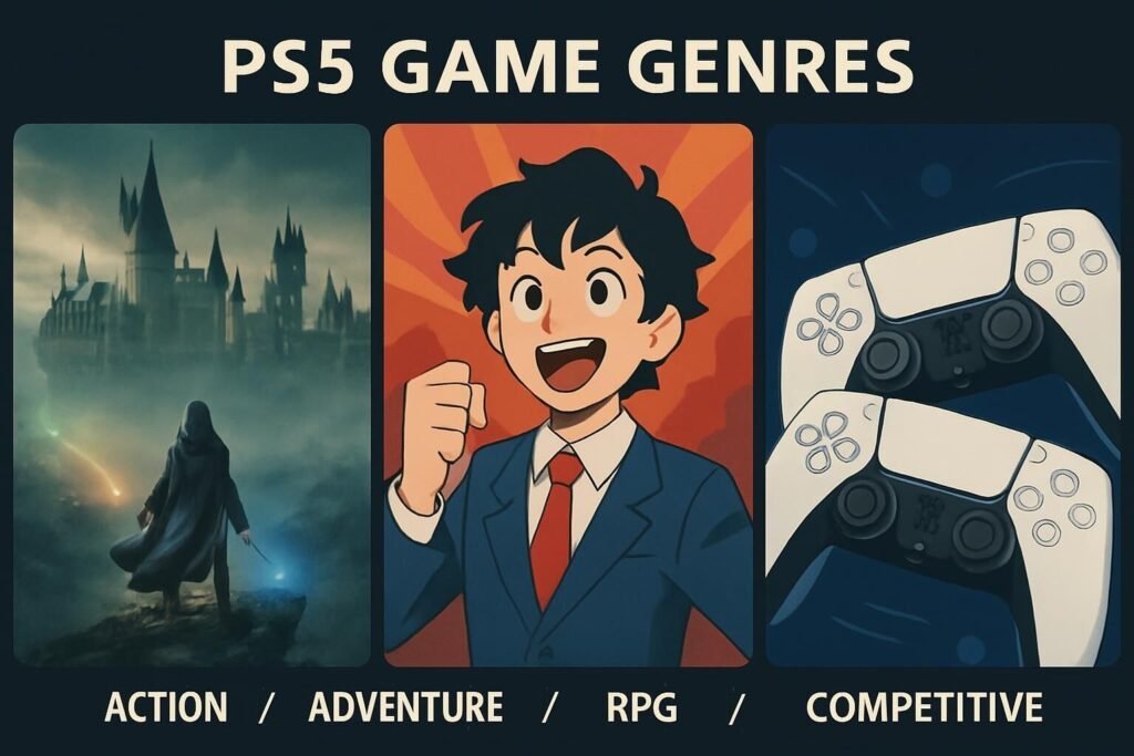Three types of PS5 games: action-adventure titles like Hogwarts Legacy, story-driven RPGs, and competitive multiplayer games, all available for PlayStation 5.